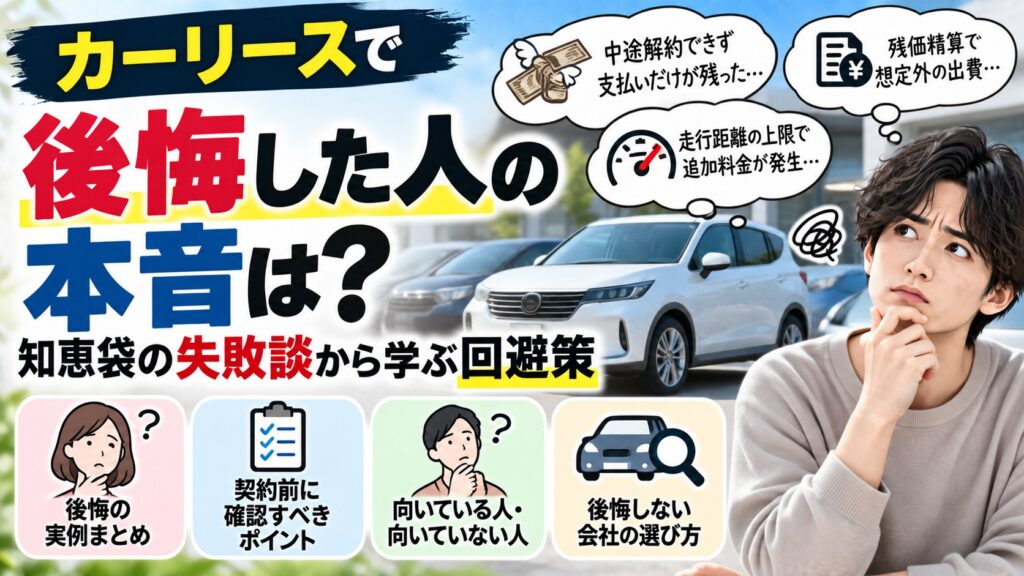 カーリースで後悔した人の本音を解説するアイキャッチ(中途解約・走行距離・残価精算・契約前チェック)