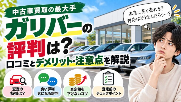 ガリバーの評判・口コミとデメリットを解説するアイキャッチ(査定額を下げないコツ・査定前のチェックポイント)
