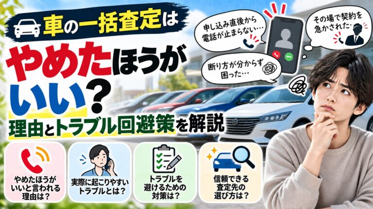 車の一括査定はやめたほうがいいのかを解説するアイキャッチ(電話ラッシュ・トラブル回避策・査定先の選び方)